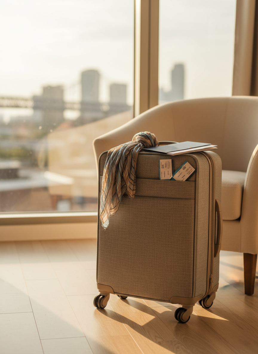 A modern rolling suitcase in muted sand-beige fabric, standing beside a cozy armchair in a bright, sunlit apartment. On the suitcase rests a folded, lightweight scarf and a slim, navy-blue travel folder filled with printed reservations and neatly tucked boarding passes. Behind, a large window reveals a softly blurred city skyline hinting at an upcoming adventure. Golden hour light streams in, creating a gentle glow on the suitcase texture and casting elongated, peaceful shadows on the wooden floor. Shot from a slightly low angle with a moderate depth of field, the suitcase is the clear focal point. The photographic style feels warm, reassuring, and oriented toward solo travelers about to depart with calm confidence.