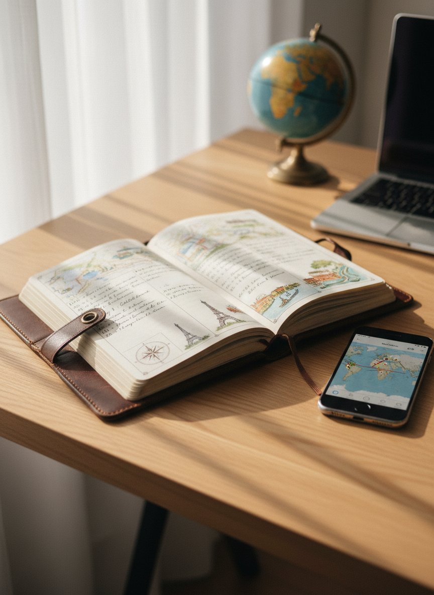 A sleek, well-worn leather travel journal lying open on a light oak desk, its pages filled with neatly sketched itineraries and tiny watercolor maps of famous cities. Around it, a smartphone showing a world map, a closed laptop, and a small globe subtly suggest meticulous planning. Soft morning daylight enters from the left, diffused through a sheer curtain, casting gentle shadows and a warm, inviting glow. Shot at eye level with a shallow depth of field, the journal remains in sharp focus while the background softly blurs. The photographic realism and clean, modern aesthetic convey professional, personalized travel planning with a calm, reassuring atmosphere.