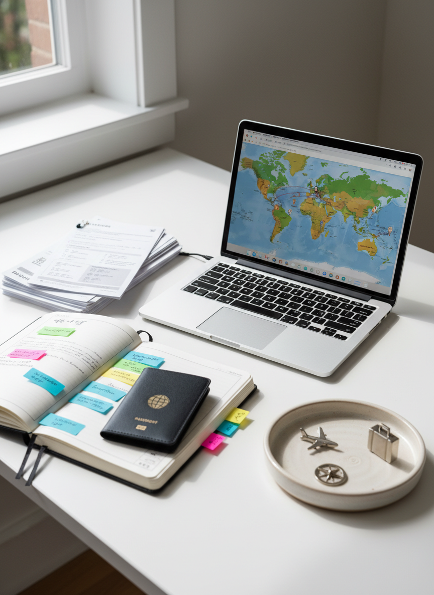 A bright, organized home workspace dedicated to planning a dream trip: a slim laptop displaying a detailed map interface, surrounded by an open notebook filled with color-coded sticky tabs, a tidy stack of printed travel plans, and a slim, elegant passport holder. On the side, a ceramic dish holds minimalist icons shaped like tiny planes and suitcases as tactile reminders of upcoming journeys. Natural daylight from a nearby window bathes the desk in soft, clear light, highlighting crisp edges and casting gentle shadows. Shot from a slightly elevated angle with sharp focus, the composition feels clean, methodical, and welcoming. The photographic style underscores professionalism and meticulous, personalized travel accompaniment tailored to each solo traveler.