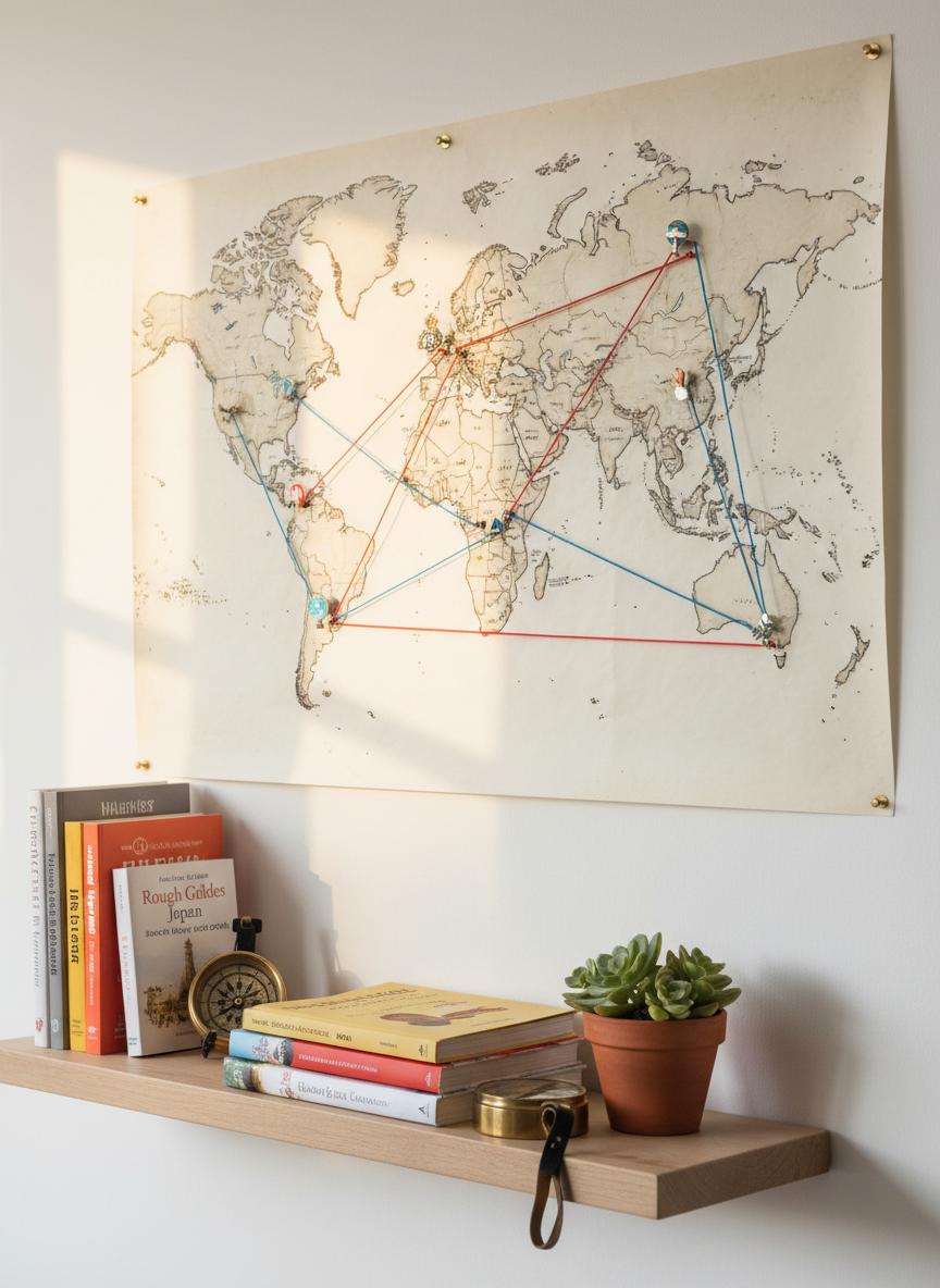 A large, detailed world map pinned to a minimalist white wall, dotted with colorful enamel pins and thin connecting strings forming a few clear, custom itineraries across continents. On a nearby floating shelf, neatly arranged travel guidebooks and a single, elegant compass rest beside a small potted plant. Late afternoon natural light washes across the scene, creating soft highlights on the glossy pins and subtle shadows behind the strings. Captured from a slightly angled perspective with sharp focus throughout, the composition is balanced and airy. The image feels organized, warm, and inspiring, symbolizing tailored journey design with a professional yet approachable tone.