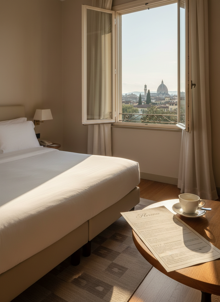A sunlit boutique hotel room overlooking a European old town: a neatly made bed with crisp white linens, a small round table by the window set with a single cup, a local map, and a carefully arranged day-by-day itinerary printed on thick, cream paper. Through the open window, terracotta rooftops and a softly blurred church tower hint at the destination. Warm late-morning light pours in, creating soft highlights on the paper edges and gentle shadows along the floor. Captured from a corner of the room at eye level, the composition feels intimate yet airy. The photographic realism and warm tones suggest a thoughtfully prepared, reassuring stay curated by a professional travel accompanist.
